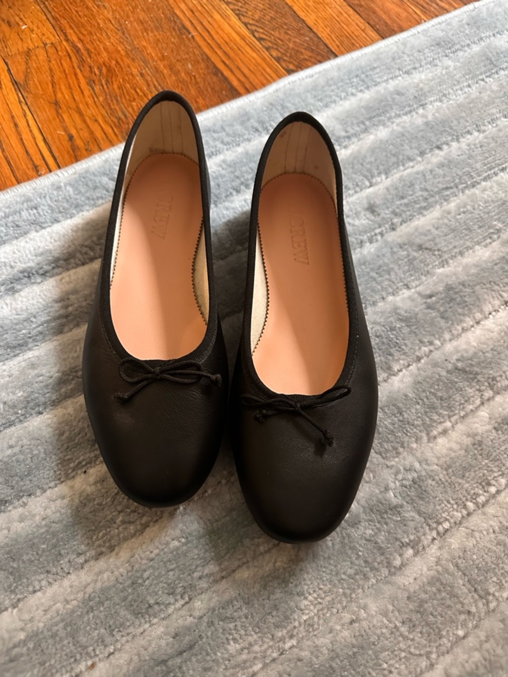 J. Crew Black Leather Ballet Flats with Bow Trim